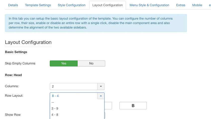 Extension of the module row configuration to Boostrap