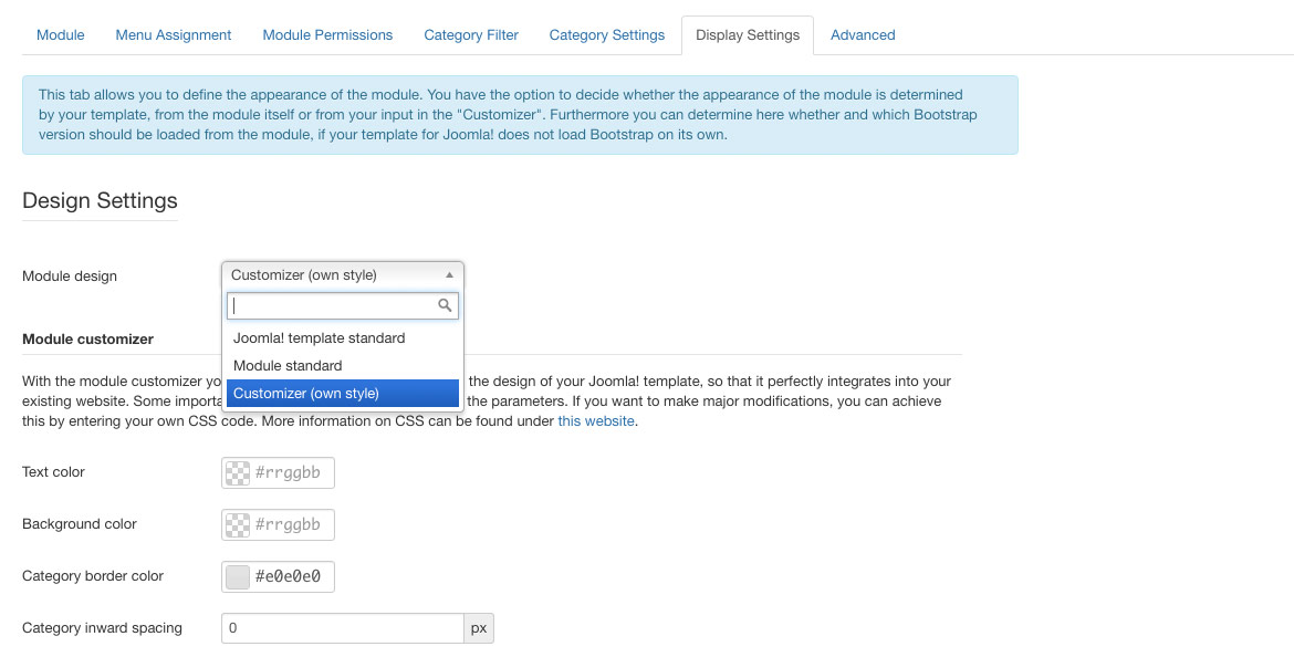 Parameters - Display Settings - Customizer