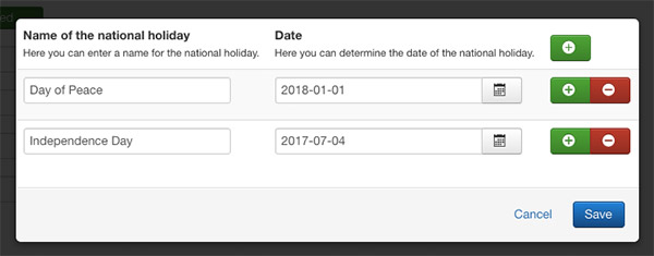 Screenshot: national holiday settings | Power Support & Business Hours – Joomla! Module