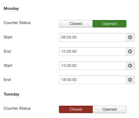 Screenshot: Öffnungszeiten-Einstellungen | Power Support & Business Hours – Joomla! Modul